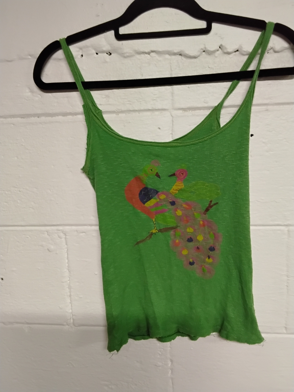 Free Peopel Green Tank Top with Colorful Peacock Graphic